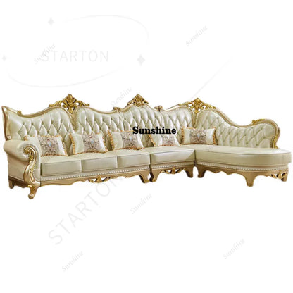 Luxury European Royal Wedding Living Room Sofa Set Solid Wood Genuine Leather L-Shaped Sofas Couch for Living Room