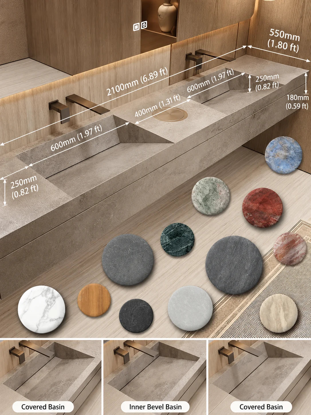 Custom Luxury Natural Stone Bathroom Vanity With Integrated Dual Basin