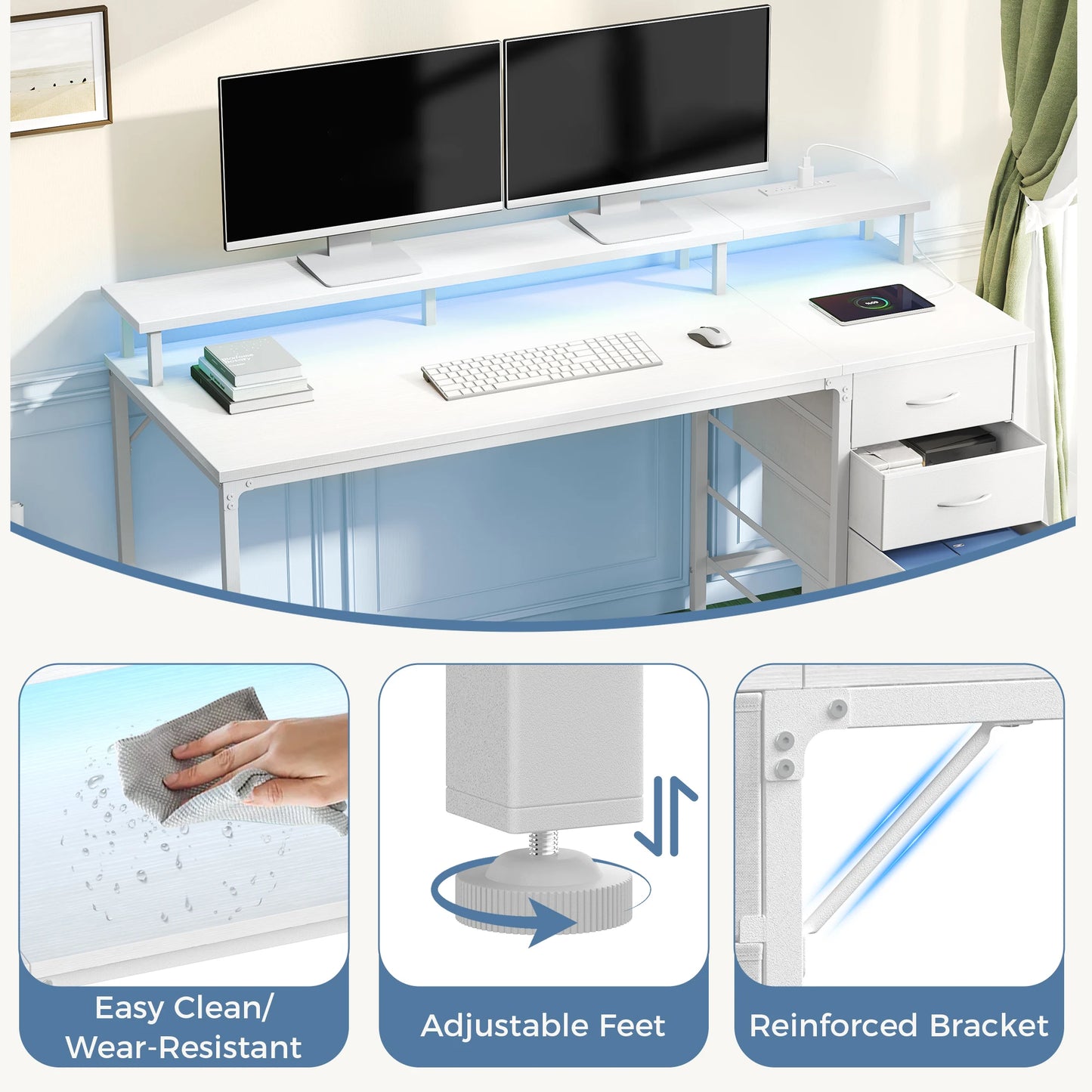 JHK Gaming Computer Desk With Storage Drawers And LED Lights