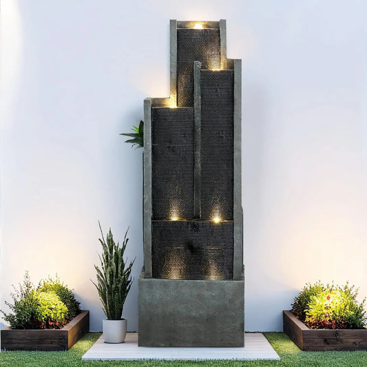 5-Tier Modern Water Fountain, Indoor/Outdoor Resin Water Fountains with Soothing Water Sounds & WarmLED Light