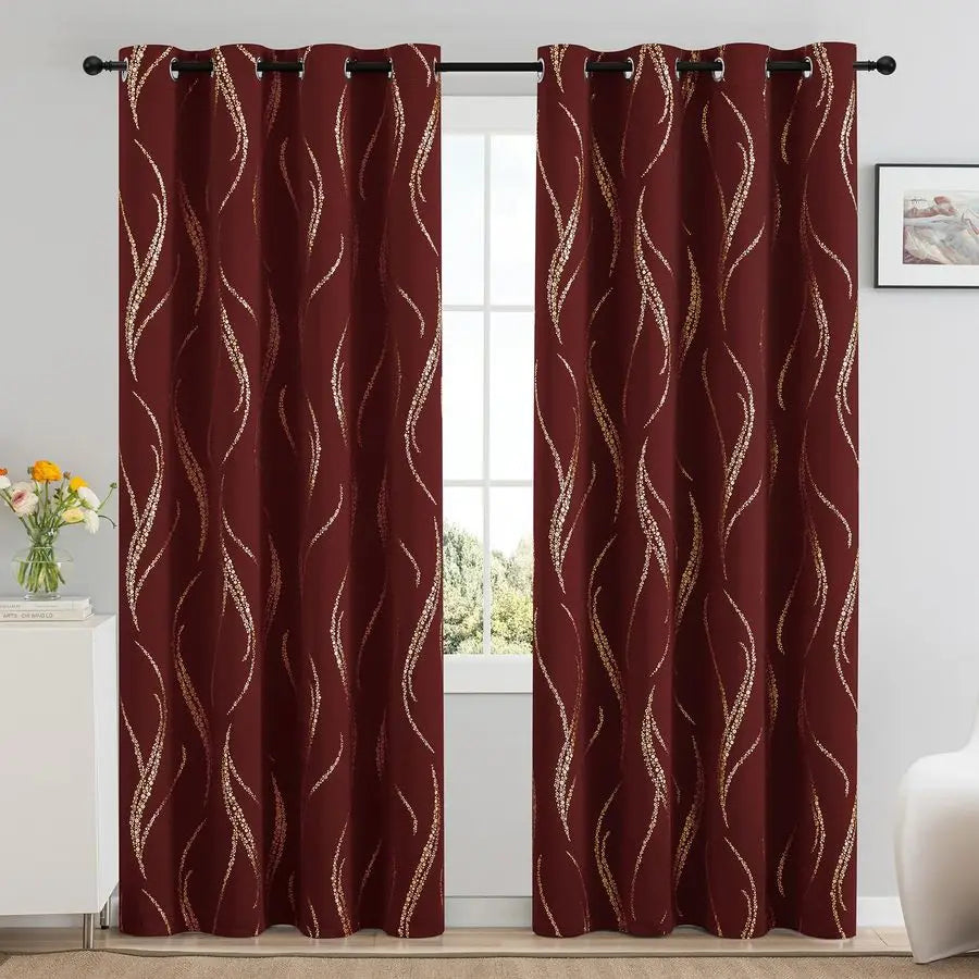 Blackout Curtains 84 inch Length Living Room Thermal Insulated Gold Wave Line Dots Pattern Curtains Room Darkening Grommet Curta