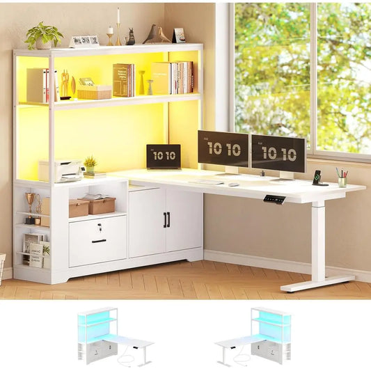 ZHUXIANG L Shaped Standing Desk With Drawers Hutch LED Lights