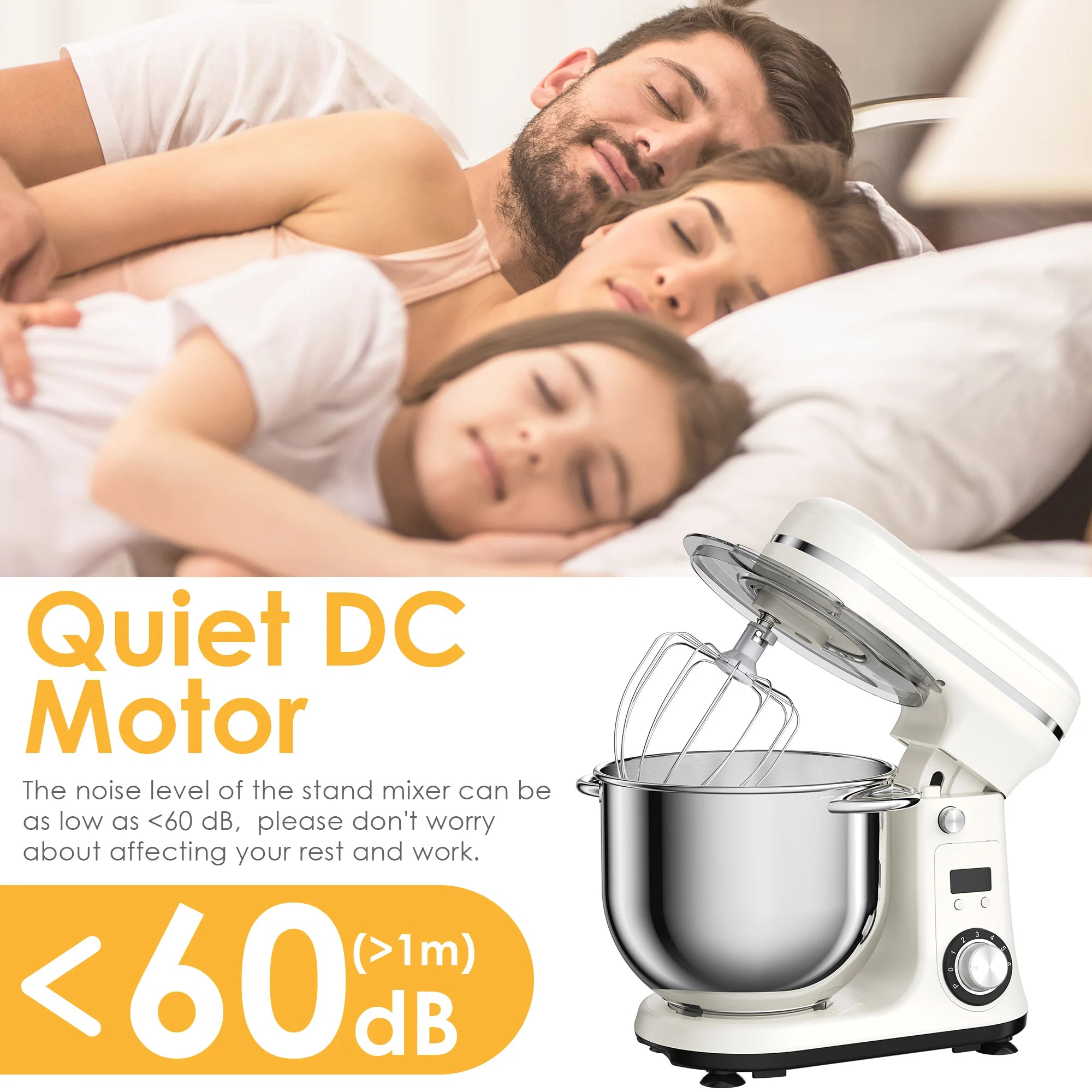 BioloMix Kitchen Food Stand Mixer, Blender, Quiet Motor, Cream Egg Whisk, Whip Dough Kneader, 6-Speed, 1200 W, 6 L, DC