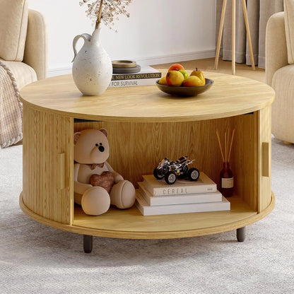 ONBRILL Modern Round Coffee Table With Storage And Sliding Door