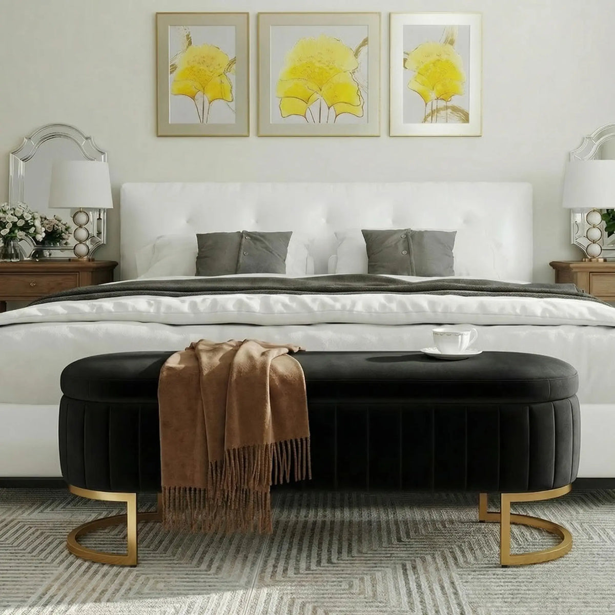 51in Velvet Tufted Storage Ottoman Bench with Flip-Top Lid and Gold Metal Legs