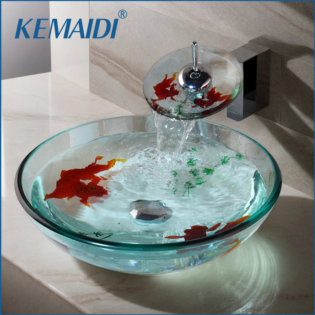 MEKKHALA Tempered Glass Vessel Sink Goldfish Pattern And Faucet Set