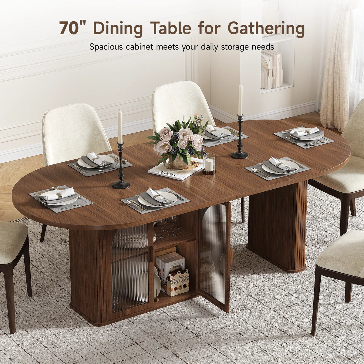 ONBRILL Modern Oval Dining Table With Storage And LED Lighting