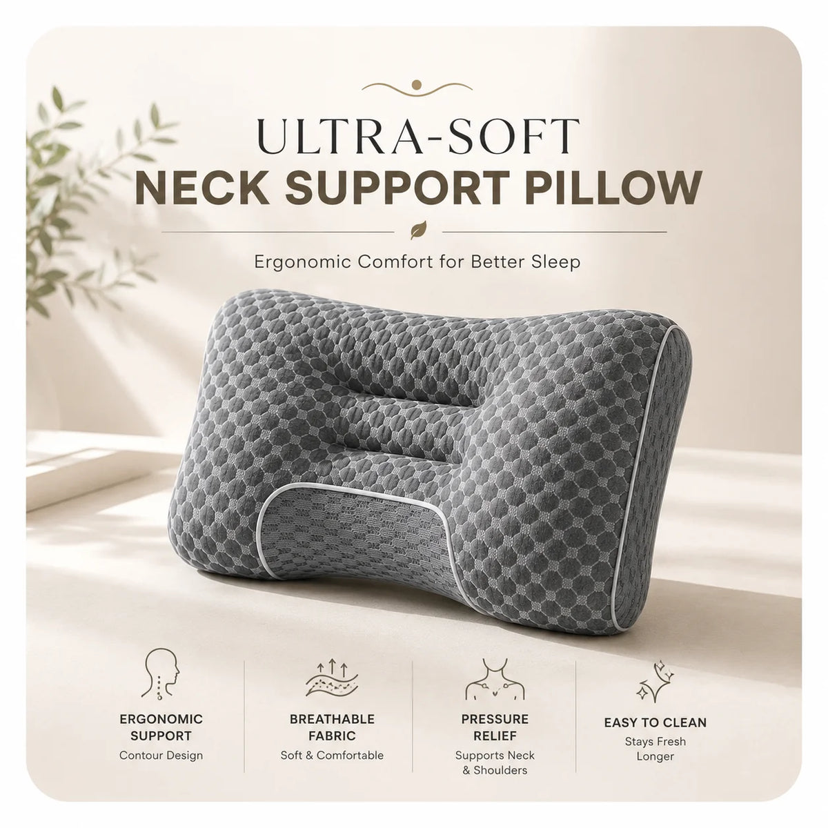 Ultra-Soft Ergonomic Neck Support Pillow, Contour Cervical Pillow for Side, Back &amp; Stomach Sleepers, Breathable Fabric, Easy to Clean, Pressure Relief for Deep Sleep