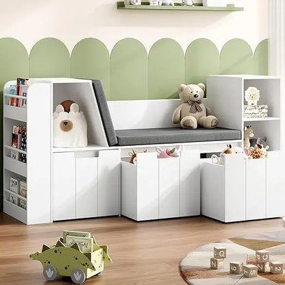61.5 Kids Reading Nook with 3-Layer Bookshelf, Reading Nook for Kids with Double Bench and Rolling Drawers, Bookshelf and Toy St