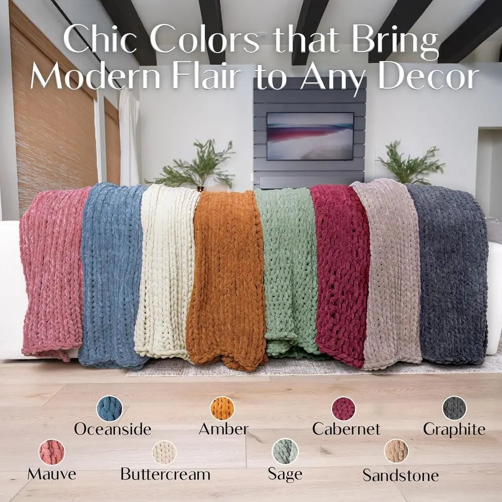 Chunky Knit Blanket Throw 50x70, Grey Chenille Chunky Knit Throw Blanket for Living Room Decor or Boho Decor, Thick Yarn Knitted