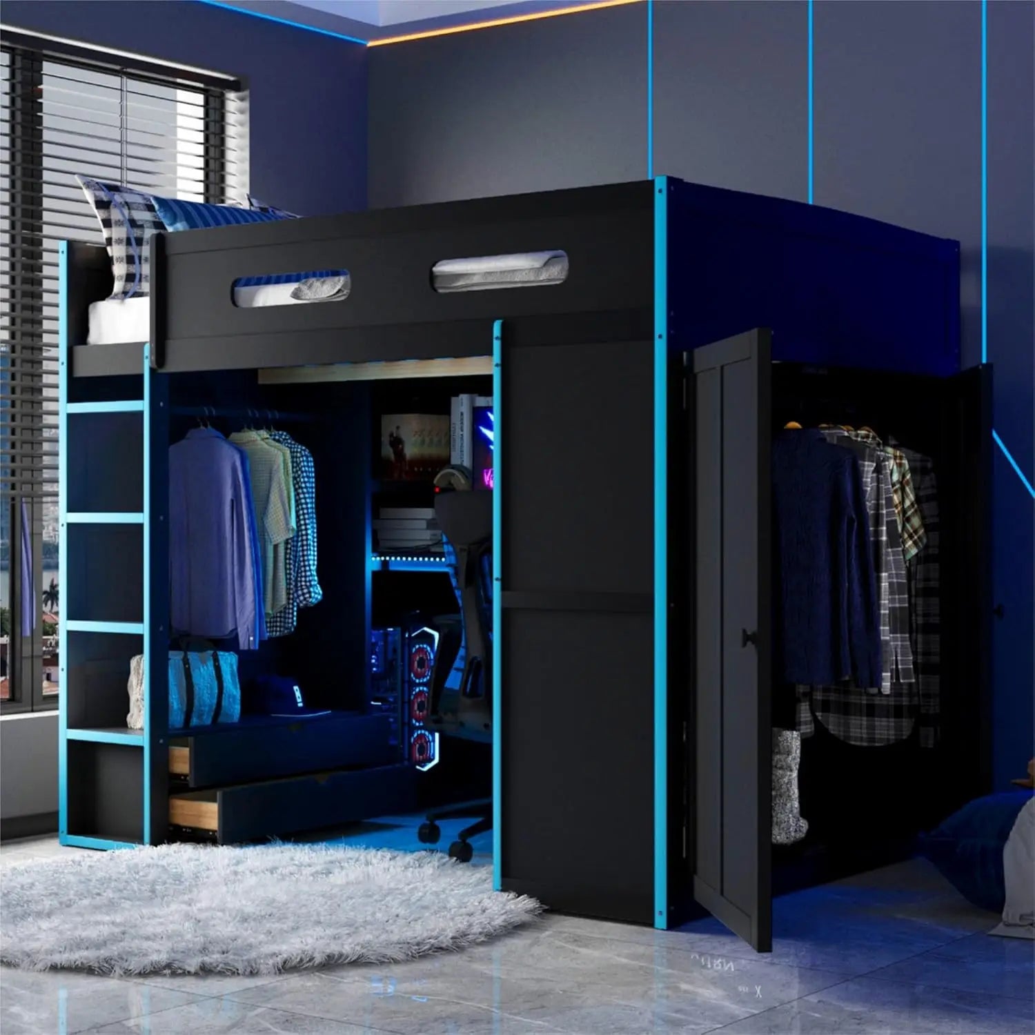 Full Wood Gaming Loft Bed Desk Storage Shelves LED Charging Station Kids Bedroom No Box Spring, Customized