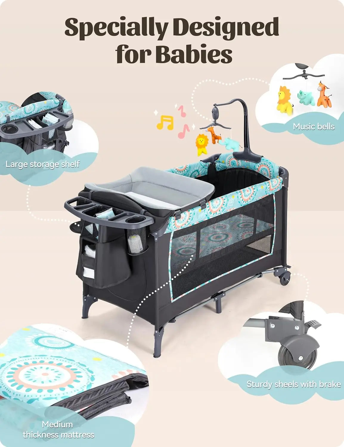 5-in-1 Bedside Baby Bassinet Detachable Changing Table Mattress Storage Music 3 Height Portable Playard Newborn, Customized