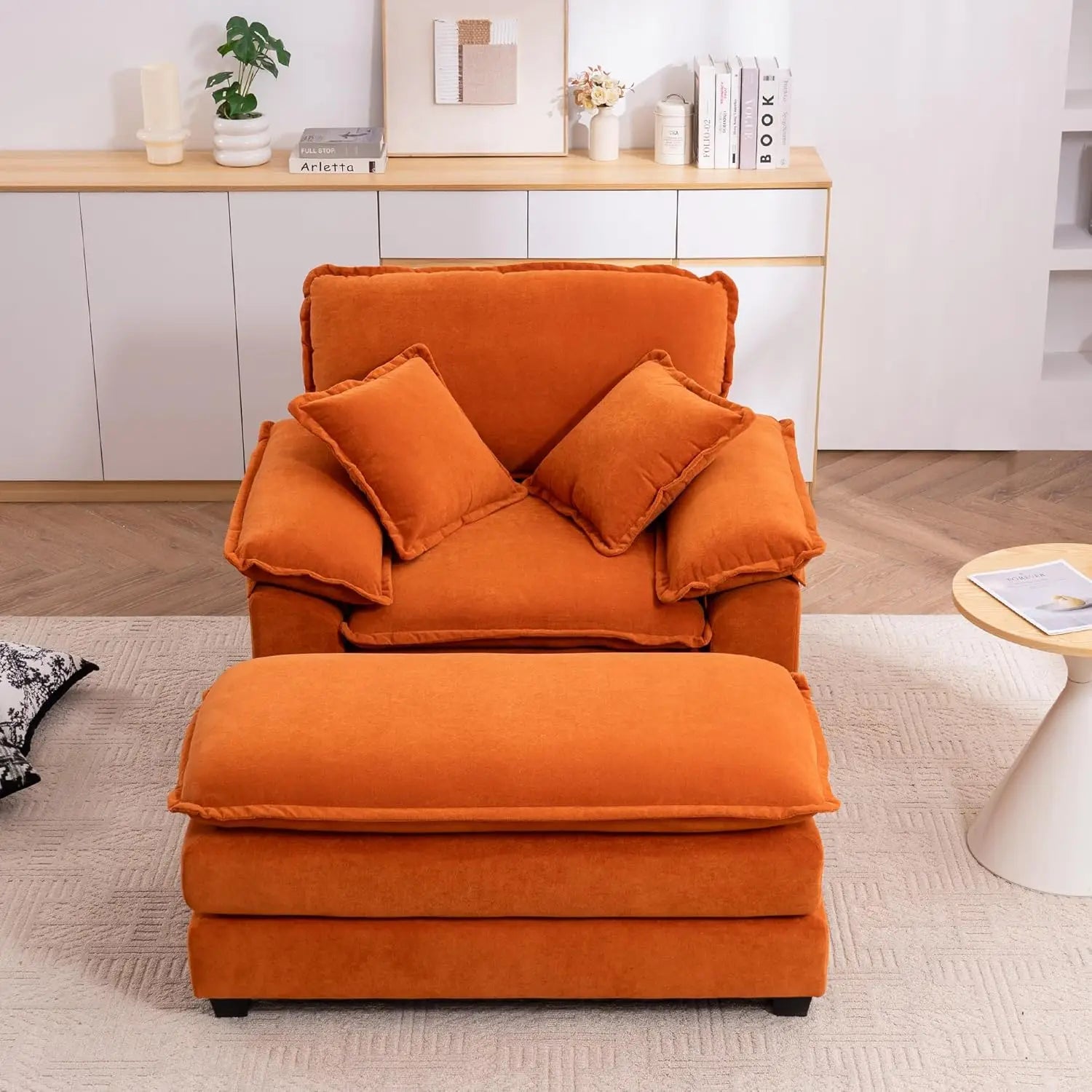 Oversized Chaise Lounge Chair with Ottoman，56.3" Indoor Velvet Deep Seat Reading Chairs,Comfort Accent Leisure Chair Set for Liv