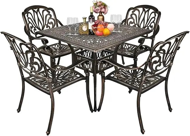 5 Pieces Outdoor Patio Dining Set, Cast Aluminium Patio Furniture Set with 4 Chairs and 1 Umbrella Table for Yard, Garden, Porc
