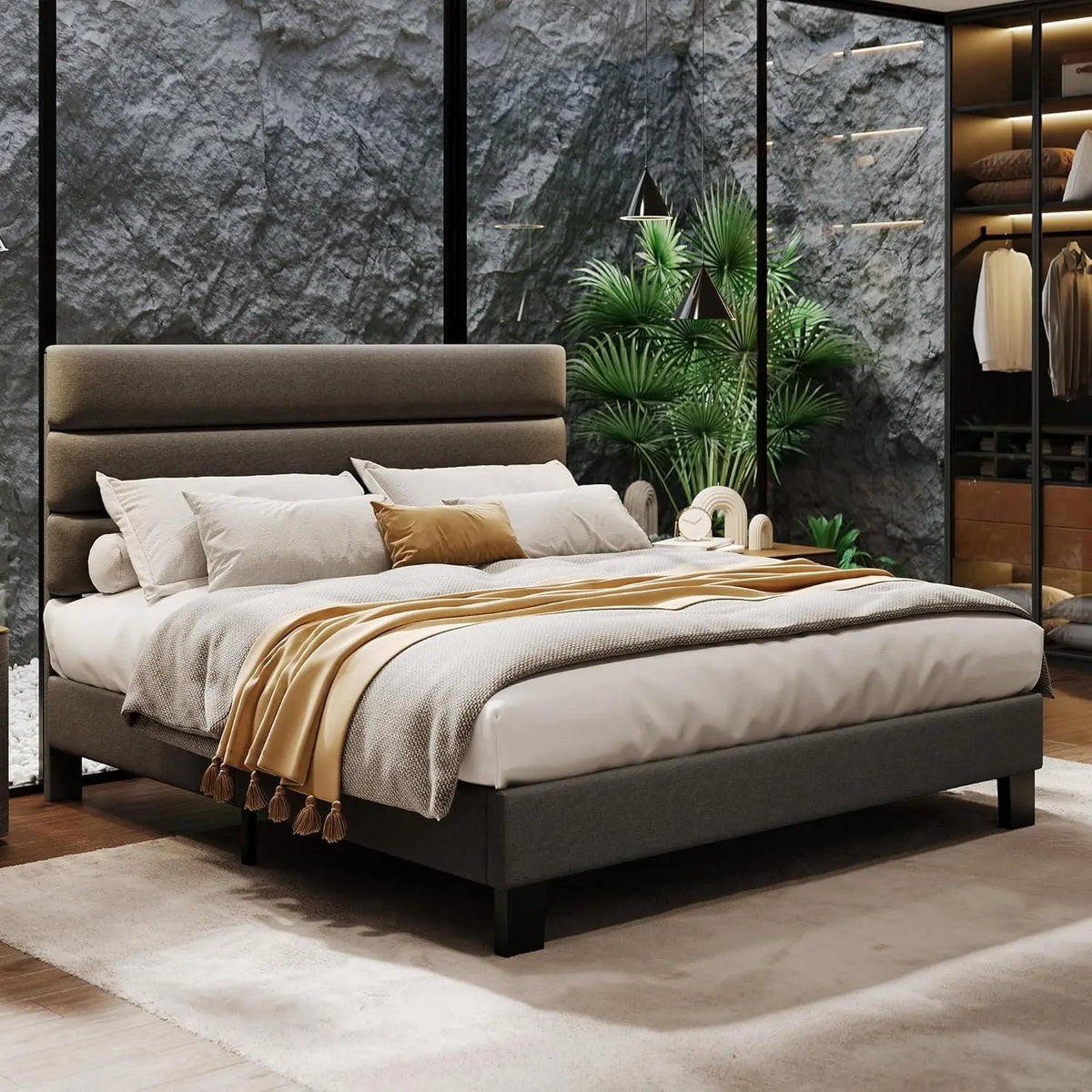 HiMISS Upholstered Platform Bed With Adjustable Headboard And Wooden Slats