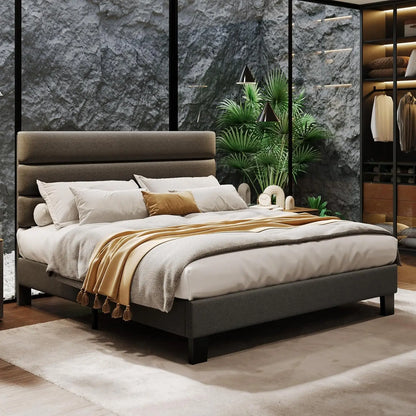 HiMISS Upholstered Platform Bed With Adjustable Headboard And Wooden Slats
