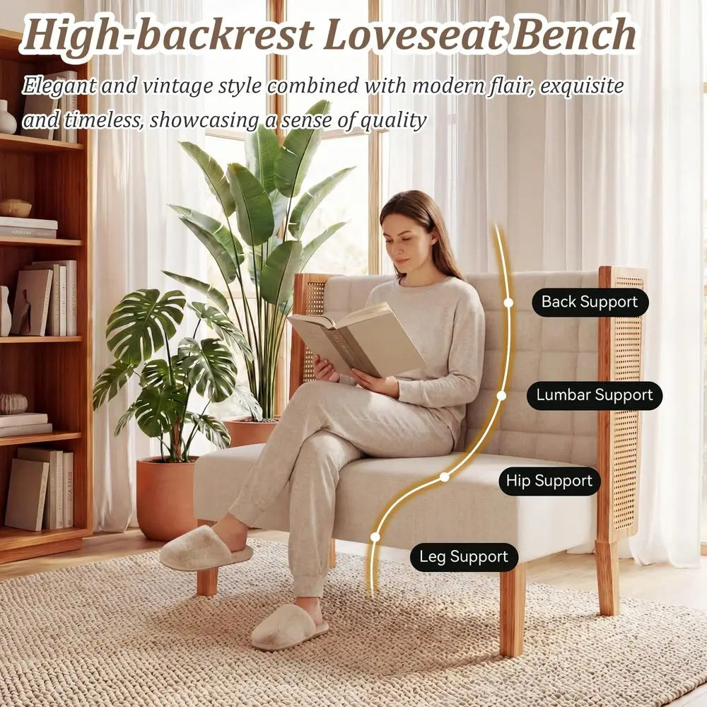 Loveseat Settee Bench with Rattan Arms, Upholstered Modern Mini HighBack Sofa Couch,Banquette Dining Bench for Living Dining Ro