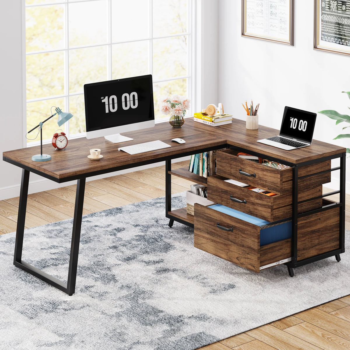 Tribesigns L Shaped Computer Desk With Drawers And Shelves For Office