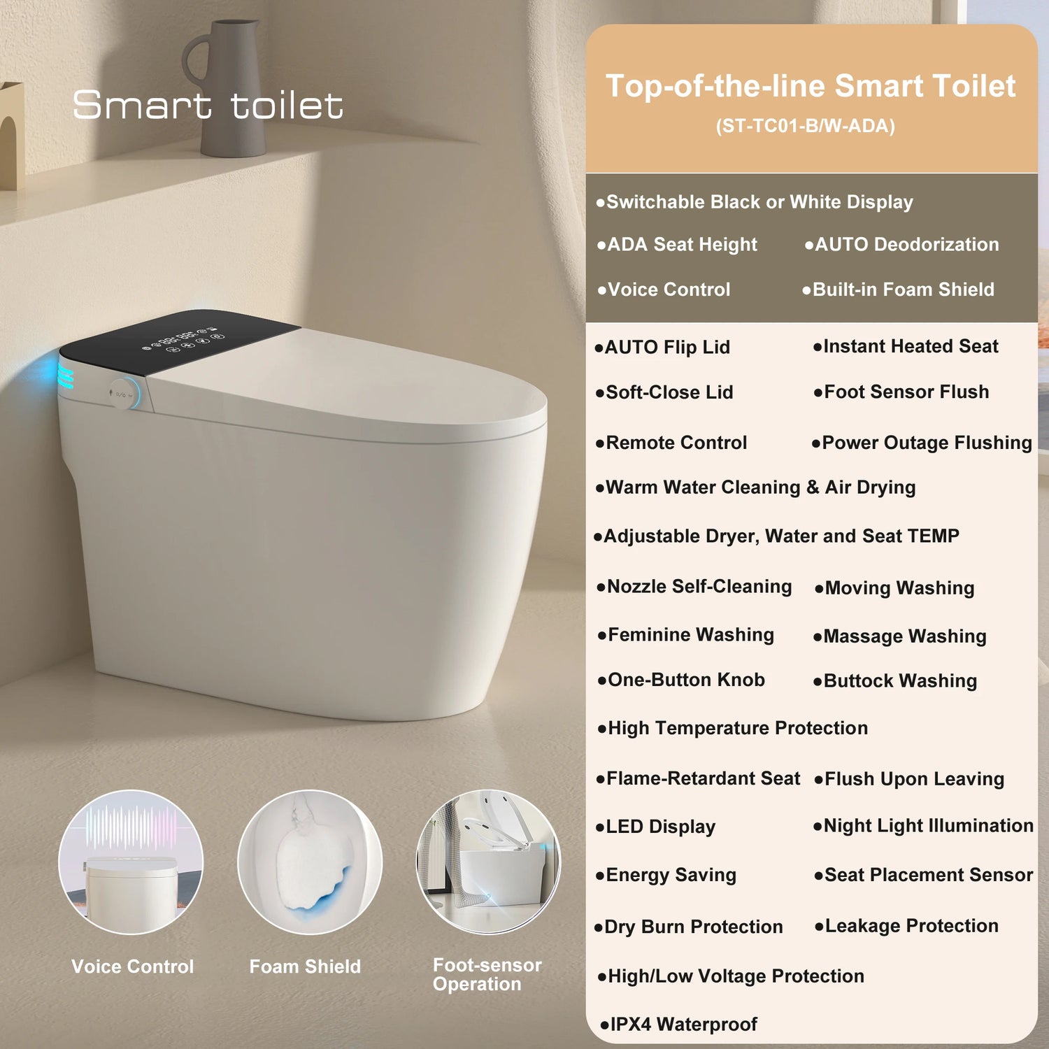 Smart Toilet with Built-in Bidet, AUTO Open/Close, Warm Water Sprayer, AUTO Dual Flush, Heated Bidet Toilet Seat for Bathrooms
