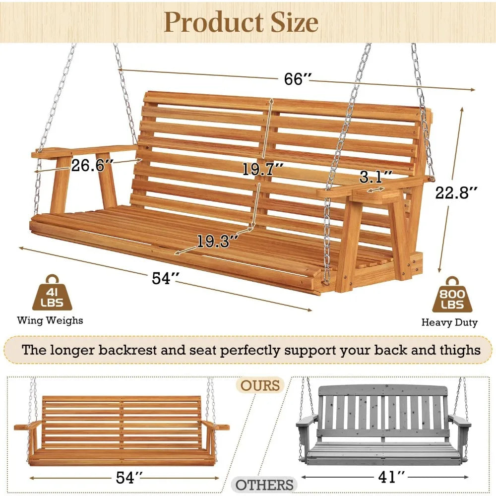 Wooden Porch Swing with Cup Holders and Chains, 880 lbs Capacity Outdoor Swing Chair Bench for Courtyard and Patio