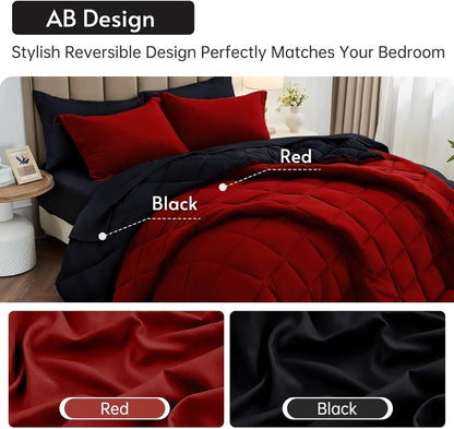 Queen Size Reversible Comforter Set, 7-Piece All Season Bedding with Sheets &amp; Pillowcases in Red &amp; Black