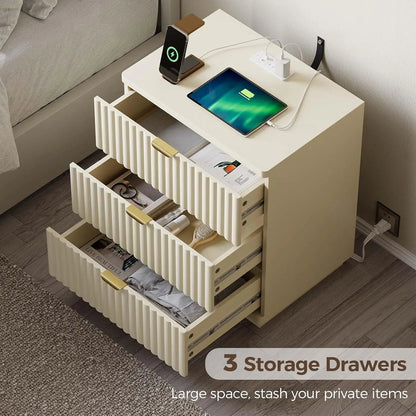 3 Drawer Charging Bedside Table Large Fluted Modern Bedroom End Table Set Of 2, Customized