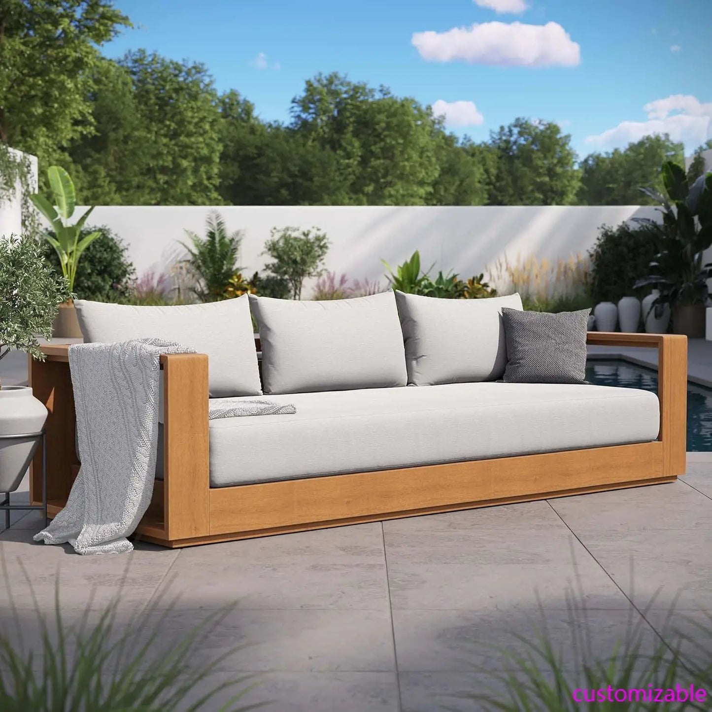 XMSJ Tahoe Acacia Wood Outdoor Patio Sofa Weather Resistant Cushions Porch Sunroom