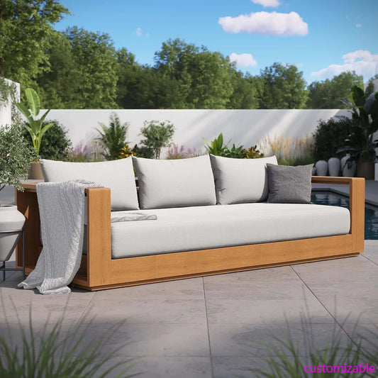 XMSJ Tahoe Acacia Wood Outdoor Patio Sofa Weather Resistant Cushions Porch Sunroom