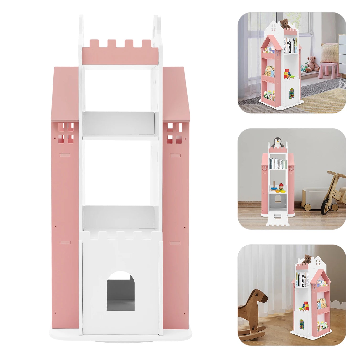 Rotating Kids Bookshelf 7 Tier Castle Design Book Toy Storage Organizer Book Display Shelf for Home Bedroom,3 Colors