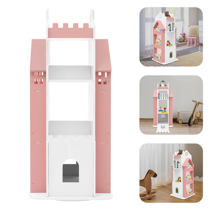 Rotating Kids Bookshelf 7 Tier Castle Design Book Toy Storage Organizer Book Display Shelf for Home Bedroom,3 Colors