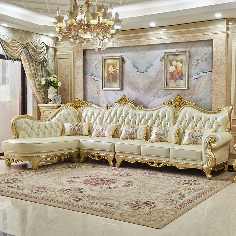 Luxury European Royal Wedding Living Room Sofa Set Solid Wood Genuine Leather L-Shaped Sofas Couch for Living Room