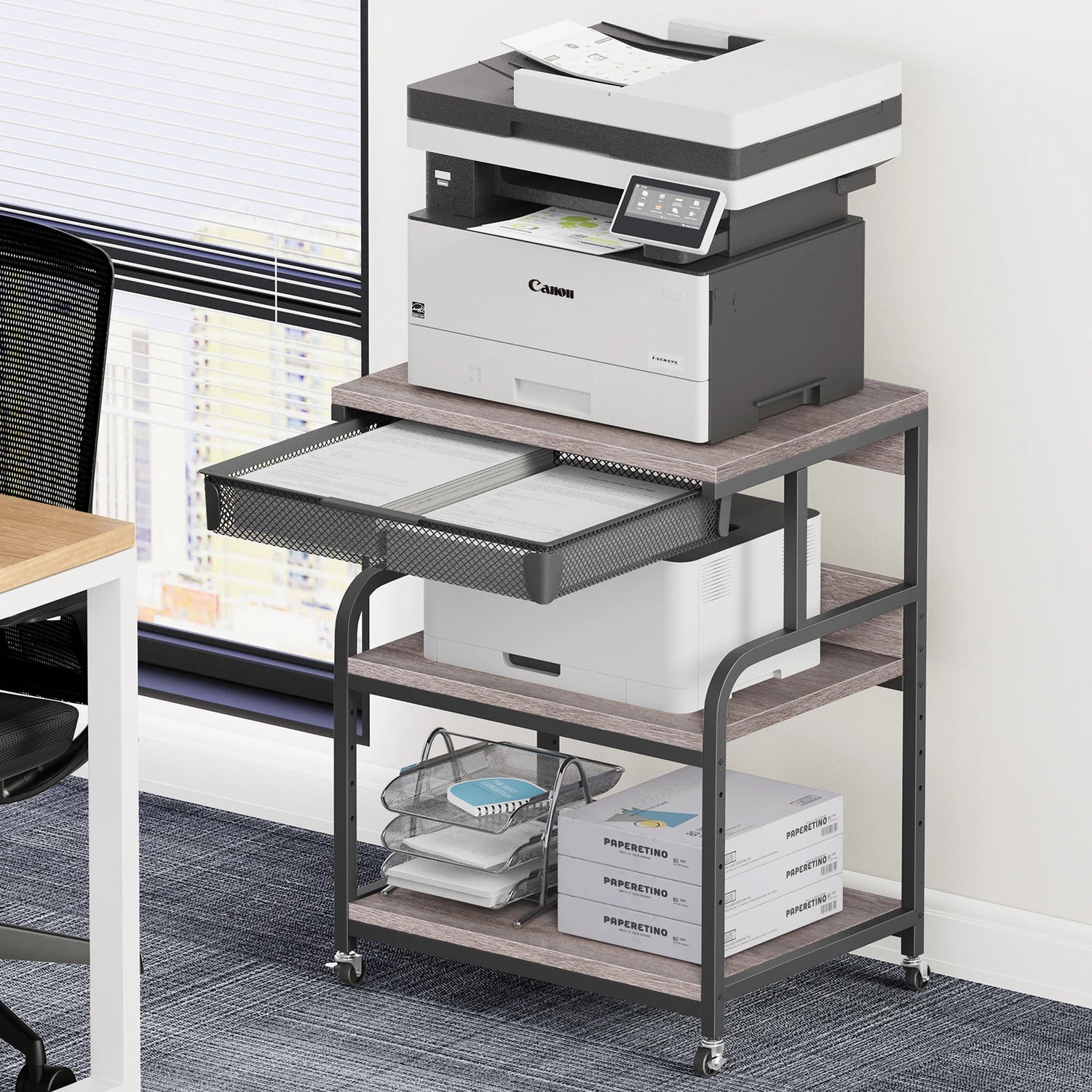 Large Printer Stand w/ Drawer, 5-Adjustable Heights 3 Tier Table w/ Wheels,Printer Cart for Printer Scanner Fax Home Office Use