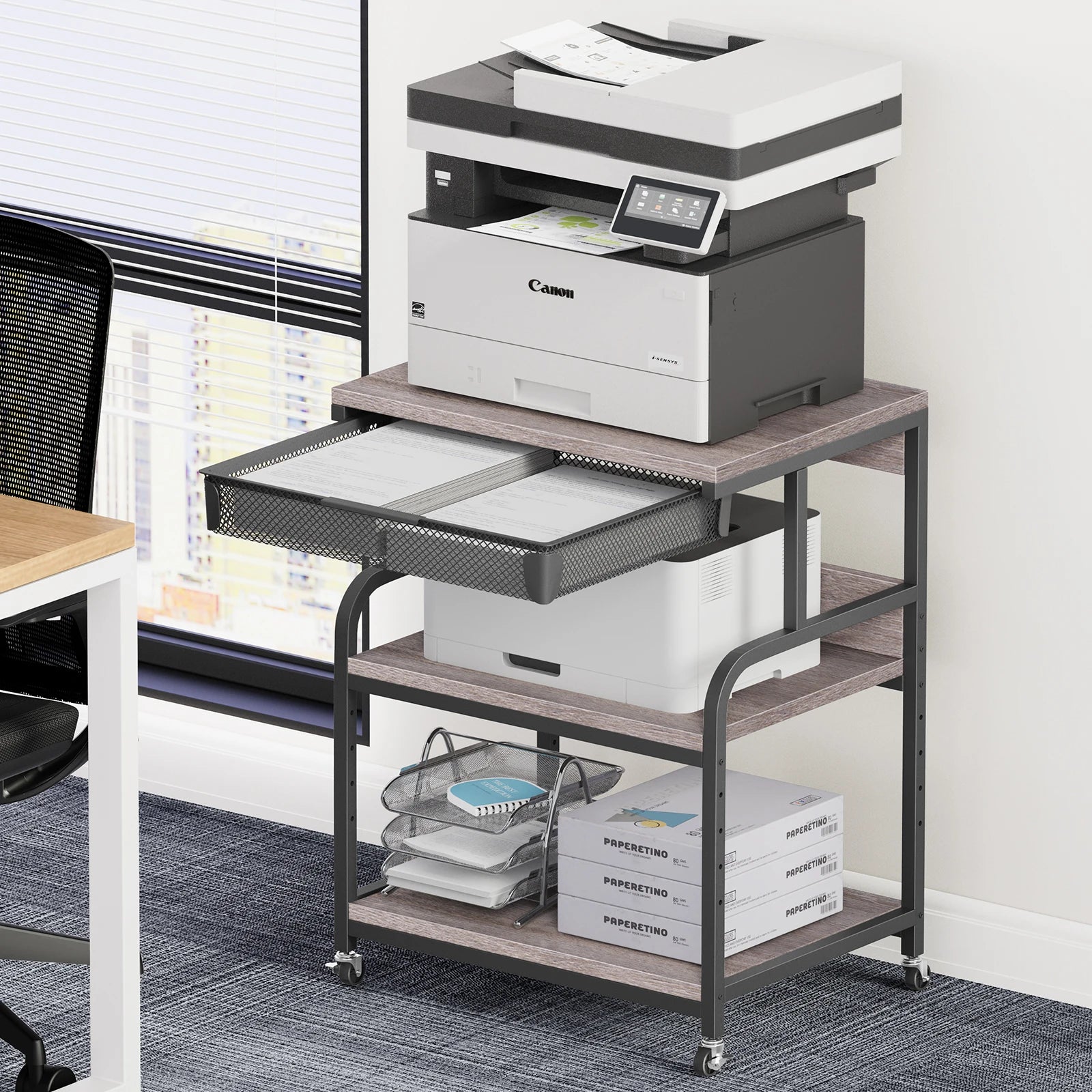 Large Printer Stand w/ Drawer, 5-Adjustable Heights 3 Tier Table w/ Wheels,Printer Cart for Printer Scanner Fax Home Office Use