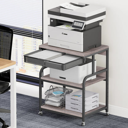Large Printer Stand w/ Drawer, 5-Adjustable Heights 3 Tier Table w/ Wheels,Printer Cart for Printer Scanner Fax Home Office Use