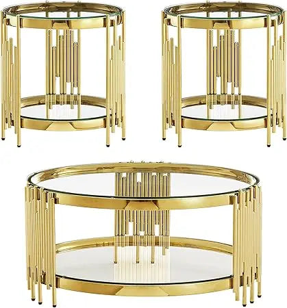 MKDK 3 Piece Glass Coffee Table Set With End Tables Stainless Steel Frames