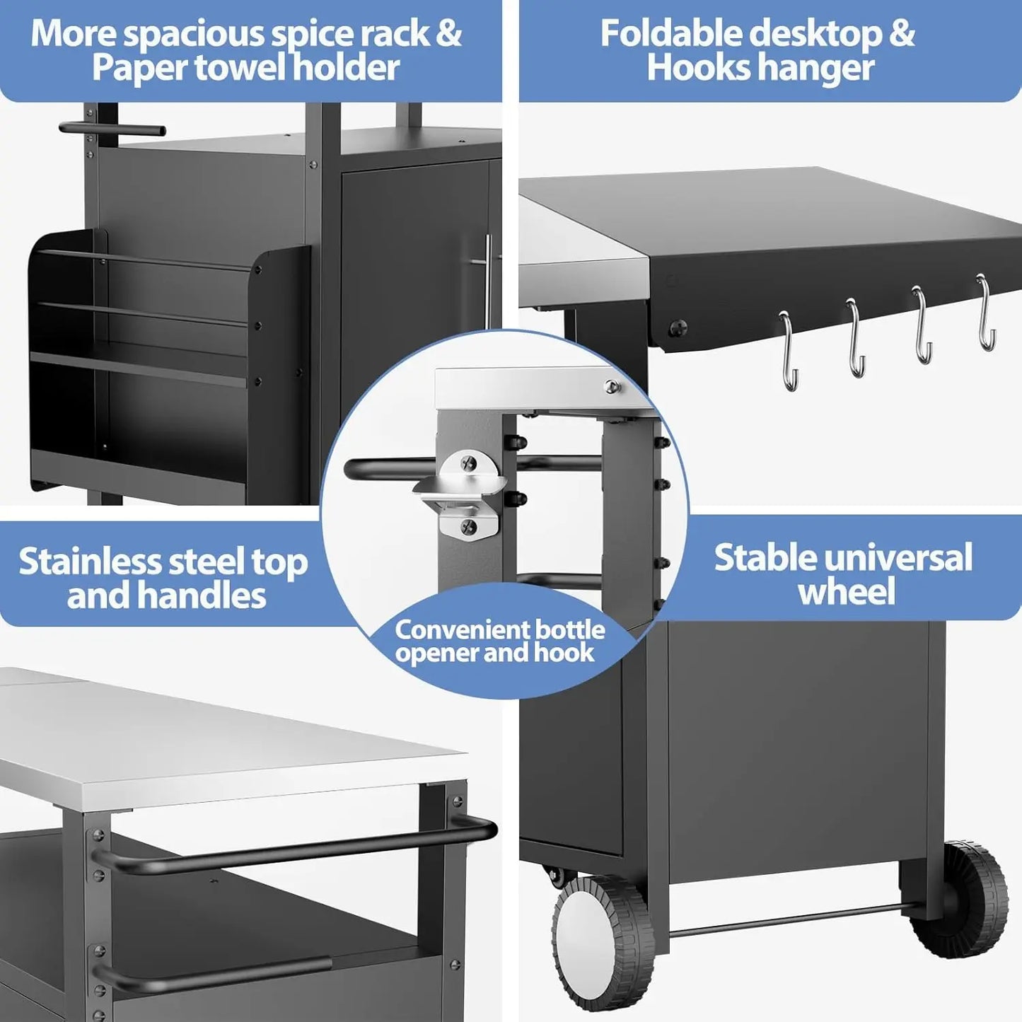 Outdoor Grill Cart with Storage,Patio Kitchen Island with WheelsHooks and Spice Rack,Waterproof Outdoor Grill Table
