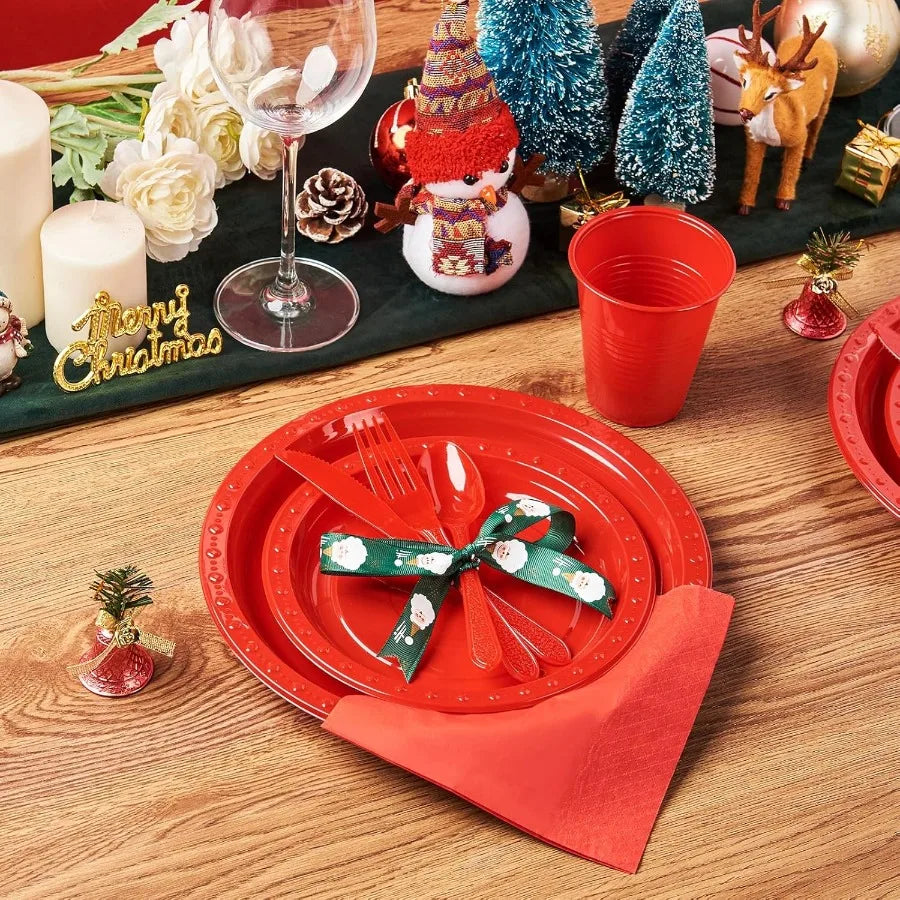175 PCS Red Plastic Dinnerware Set for Outdoor Events and Gatherings Includes 50 Plates 25 Cups 25 Napkins 25 Cutlery Spoons Fo