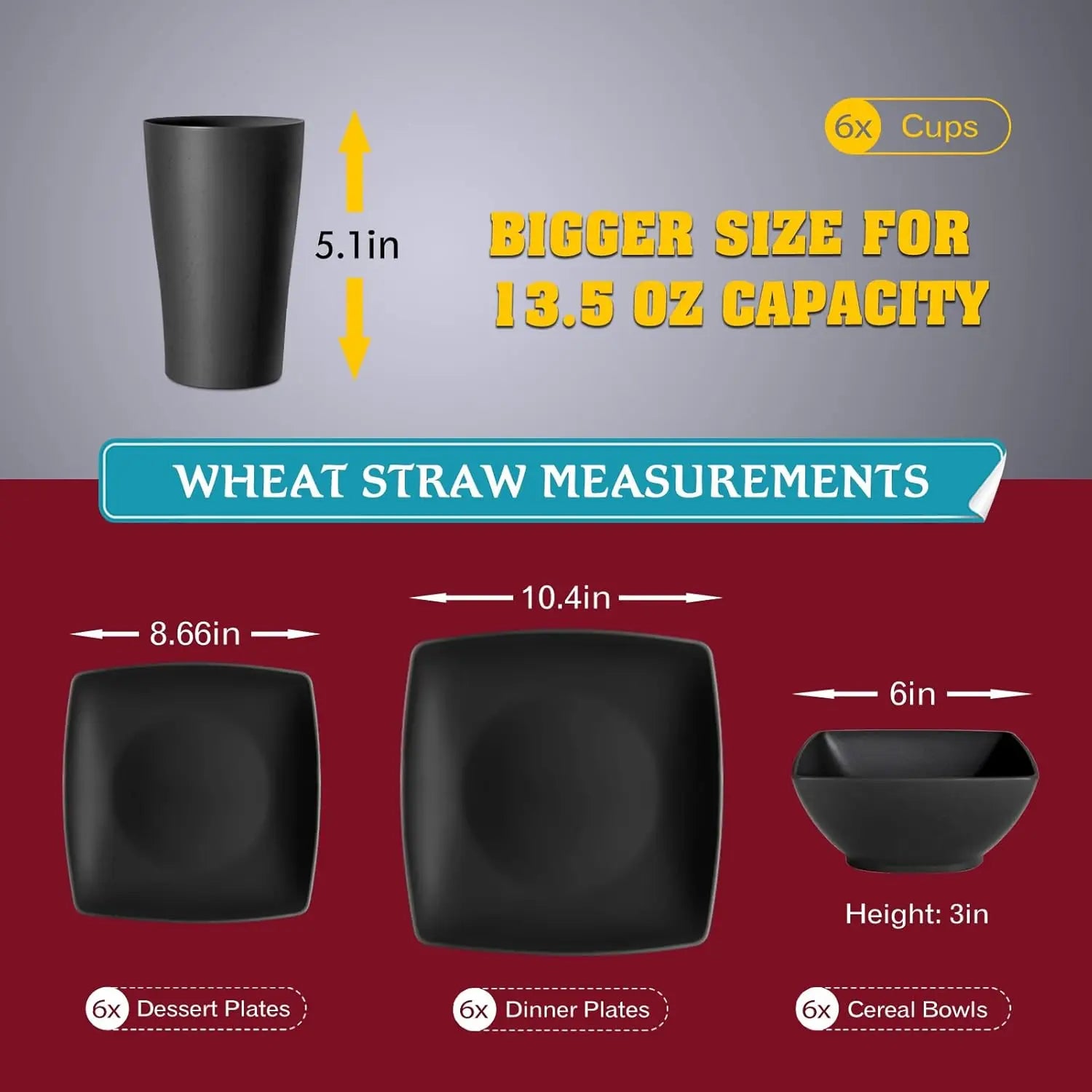 24-piece Plastic Wheat Straw Square Dinnerware Set for 6, Unbreakable Dinner Plates, Salad Plates