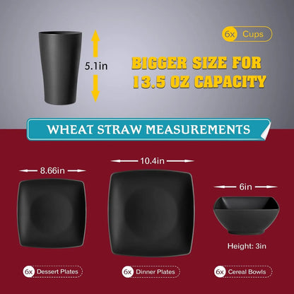 24-piece Plastic Wheat Straw Square Dinnerware Set for 6, Unbreakable Dinner Plates, Salad Plates