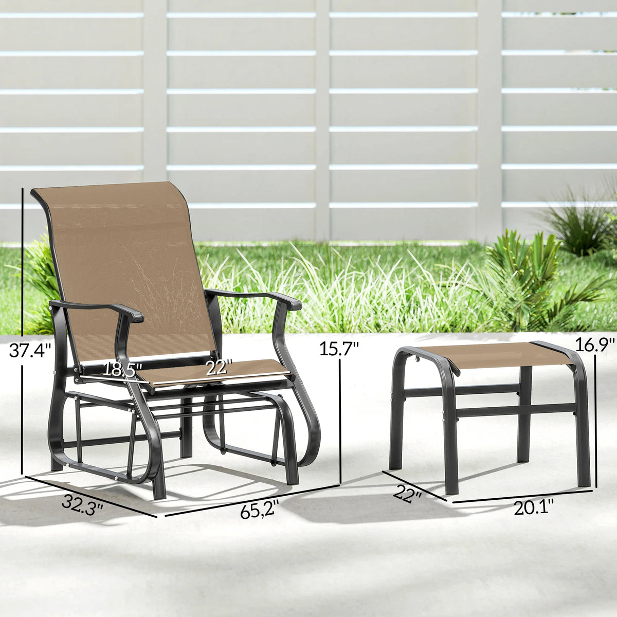 Outdoor Glider with Ottoman, High Back Patio Glider Set, Gray