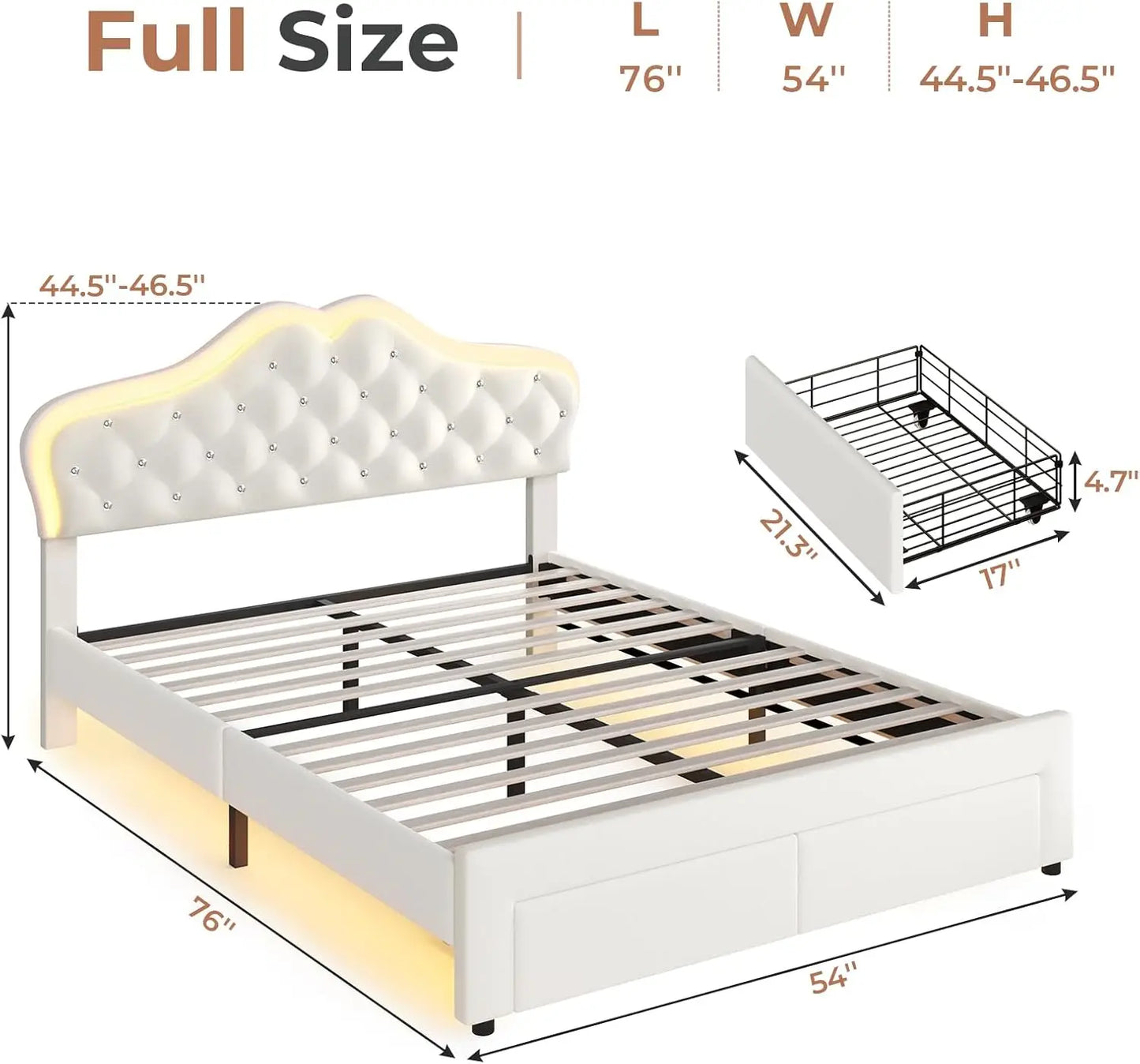 Velvet Bed With LED Lights Adjustable Headboard Storage Drawers