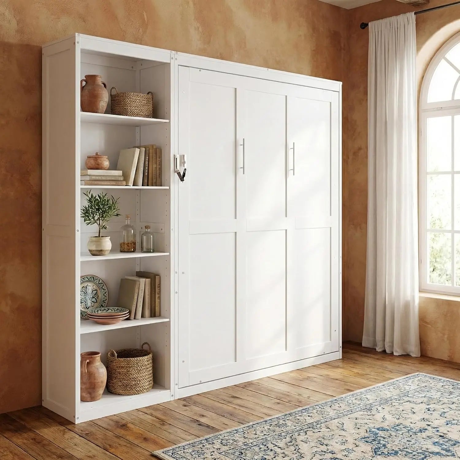 Queen Murphy Bed Wood Wall Bed with 2 Closets &amp; Storage Shelf Foldable Platform Frame for Guest Room Bedroom Walnut, Customized