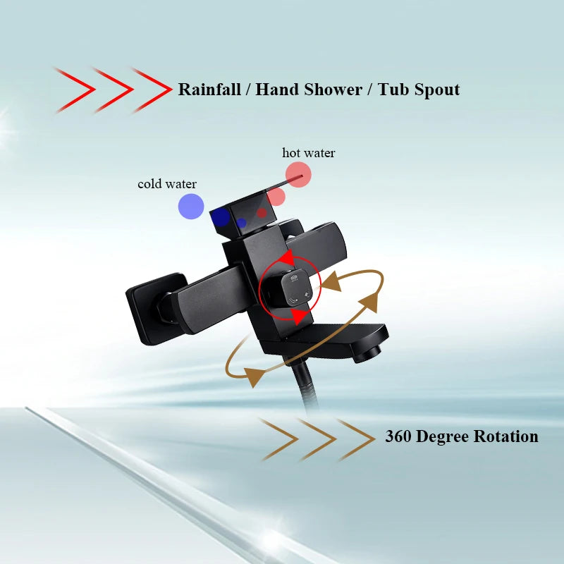 Bathroom Shower Faucet Wall Mounted 8" Shower Set Square Rainfall Hot Cold Water Bath Spout