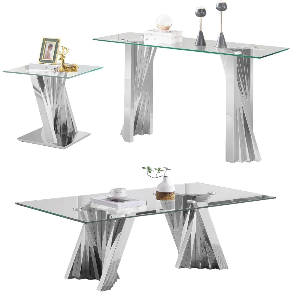 3 Piece Luxury Living Room Table Set, Modern Glass Coffee Table Set of 3, Includes Coffee Table,Console Table &amp; End Table, Tempe