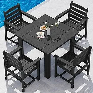 Outdoor Dining Set for 4, HDPE Square Table and Chairs Set All Weather Patio Dining Set with 4 Classic Dining Chairs, 5-Piece P