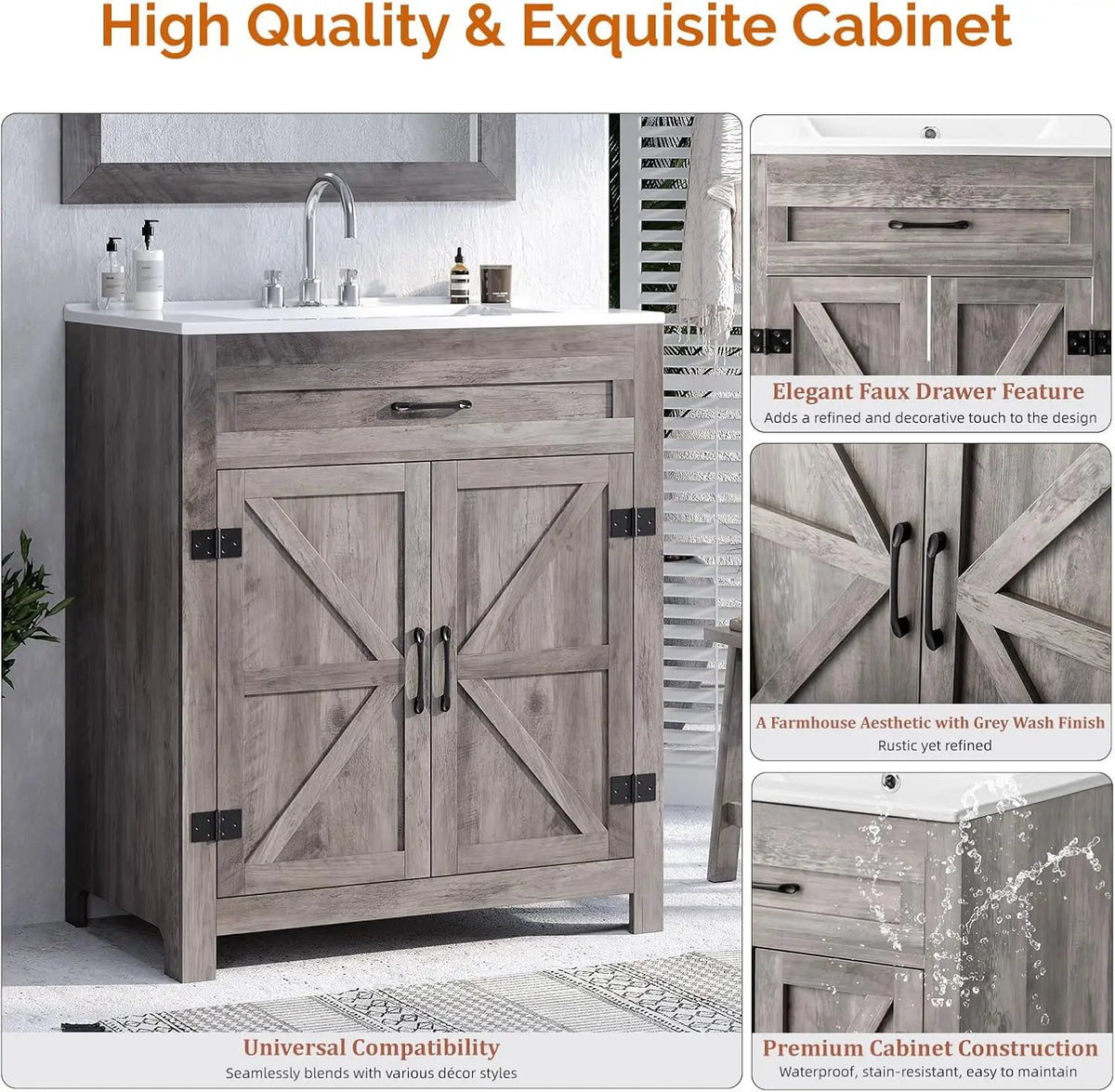 30" Farmhouse Bathroom Vanity with Sink, Free Standing Small Bathroom Storage Cabinet with 3 Holes Ceramic Basin Combo Set