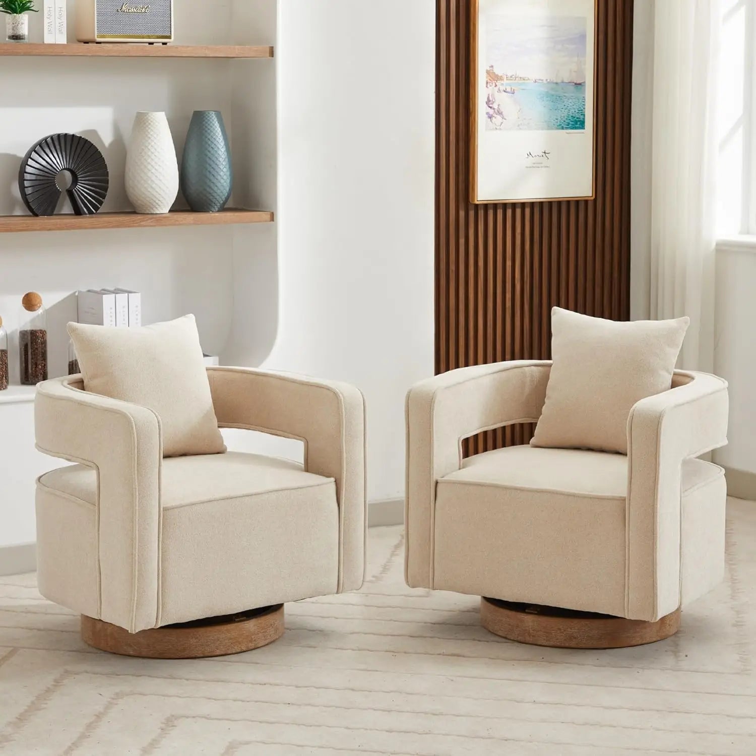 Upholstered Swivel Accent Chair Set of 2 Linen Open Back Barrel Chair with Pillow for Living Room, Beige