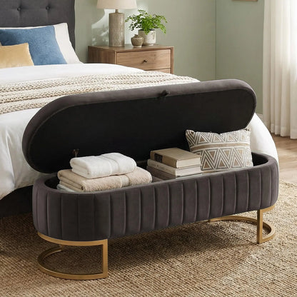 51in Velvet Tufted Storage Ottoman Bench with Flip-Top Lid and Gold Metal Legs