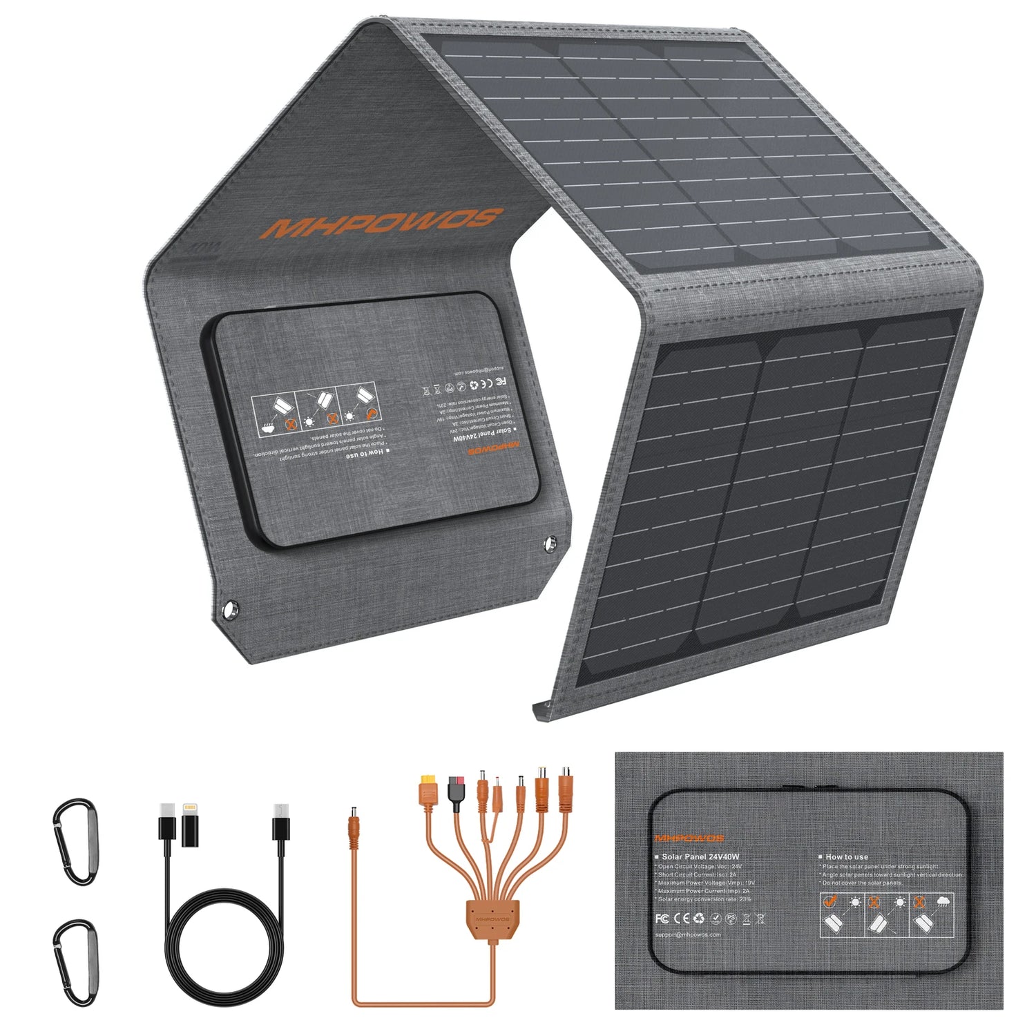MHPOWOS 40W Portable Solar Panel Charger with Triple Output (USB-C/USB-A/DC), 23% High-Efficiency for Camping Phone Power Bank