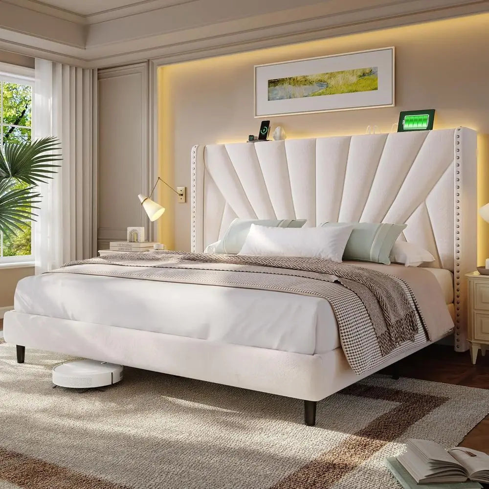 Chengwei Velvet Wingback King Bed Frame With LED Headboard
